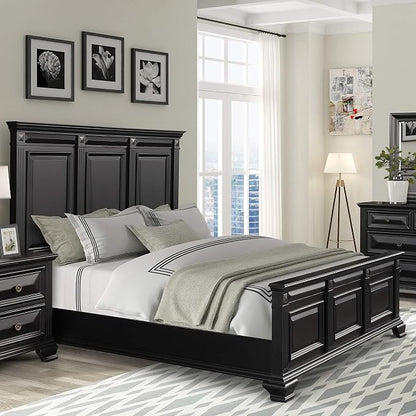 Roundhill Furniture Renova Vintage Black Wood Bedroom Set, King Panel Bed, Dresser, Mirror, Two Nightstands, Chest
