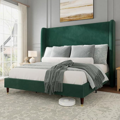 Jocisland Full Bed Frame 51.2" Wingback Headboard Velvet Upholstered Platform Bed,Solid Wood Legs & Wooden Slats,No Box Spring Needed,Noise-Free,for Teen Room Small Bedroom Cozy Home,Green