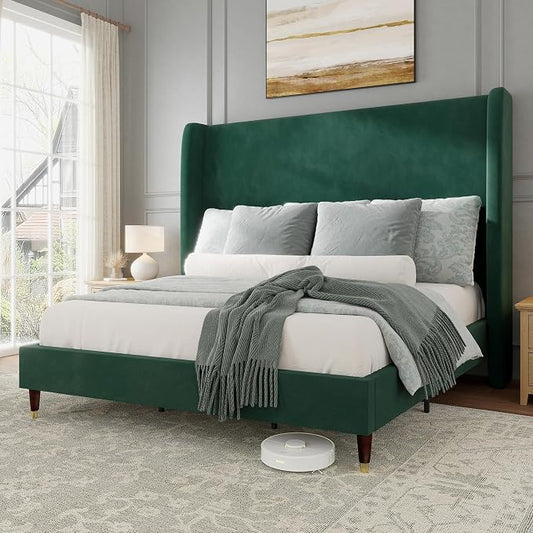 Jocisland King Size Bed Frame 51.2" Wingback Headboard Velvet Upholstered Platform Bed,Solid Wood Legs & Wooden Slats,No Box Spring Needed,Noise-Free,for Family Master Suite Bedroom Upgrade,Green