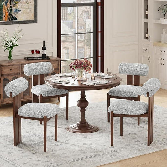 MALOL Modern Wooden Dining Chairs Set of 4, Upholstered Fabric Kitchen Chairs with Sculptural Backrest, Mid-Century Farmhouse Dining Room Chairs with Solid Wood Legs, Light Grey