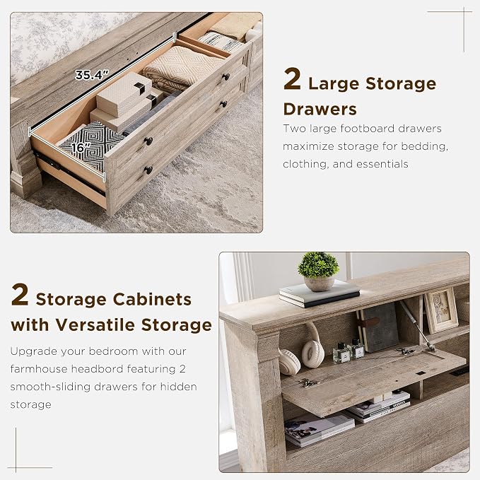 Farmhouse King Size Bed Frame with 54" Tall Storage Bookcase Headboard, 18" Roman Column Decoration Footboard,2 Drawer & 4 Storage Rack, Wood Platform Bed Frame, No Box Spring Needed(Light Rustic Oak)