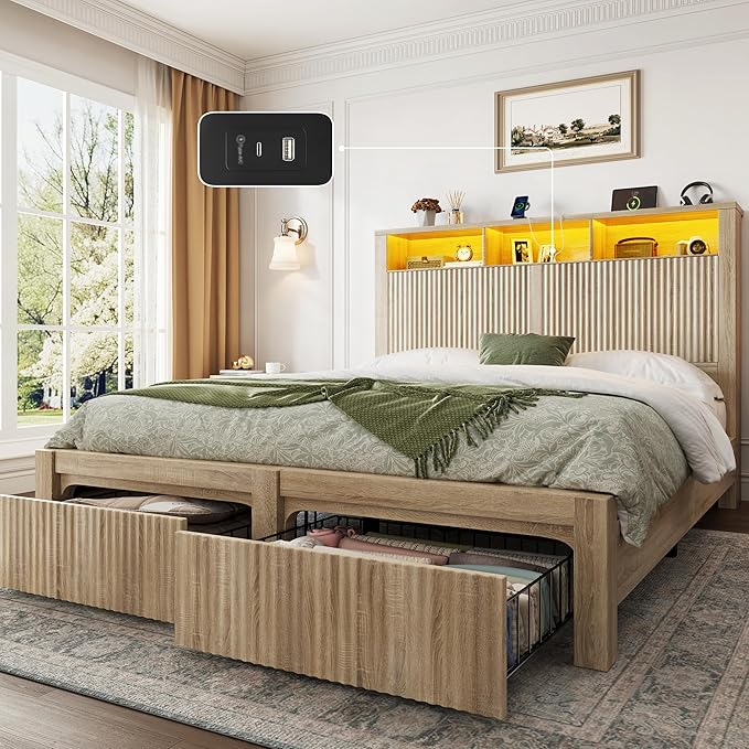 CypBed Full Size Bed Frame with Headboard and Storage Drawer, Full Bed Frame with LED Light and Charging Port, Farmhouse Wavy Wood Design, Wood & Metal Platform, Noise-Free, No Box Spring Needed