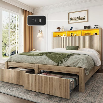 CypBed Full Size Bed Frame with Headboard and Storage Drawer, Full Bed Frame with LED Light and Charging Port, Farmhouse Wavy Wood Design, Wood & Metal Platform, Noise-Free, No Box Spring Needed