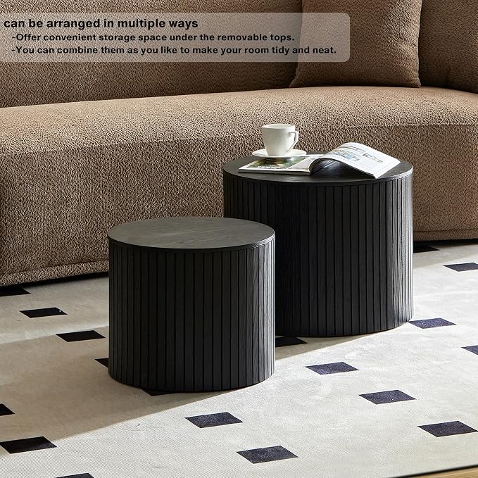 Nesting Coffee Tables Set of 2, Black Round Coffee Tables with Storage, Modern Fluted Circle Coffee Tea Table, Accent Wooden Drum Side End Table for Small Spaces Living Room