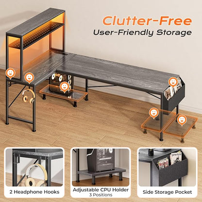 PRAISUN L Shaped Gaming Desk with LED Lights & Power Outlets, Reversible Computer Desk with Storage Shelves & Bag, Large Corner Home Office Desk with Pegboard for Work from Home, Grey
