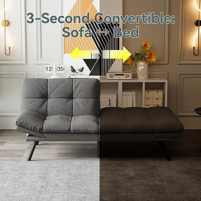 Futon Sofa Bed Convertible Couch, Grey Linen Sofa Bed with Memory Foam, Adjustable Backrest & Armrests, Multifunctional Small Loveseat Sleeper Sofa for Living Room, Apartment, Office