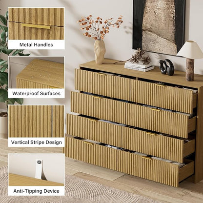 Furniway Mid Century Modern Dresser for Bedroom, 8 Drawer Wood Dresser with Fluted Front, 55" Wide Chest of Drawers for Closet, Living Room, Hallway, Natural Oak