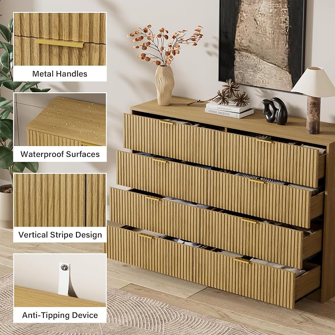 Furniway 3 Piece Bedroom Set, 8 Drawer Dresser and 3-Drawer Nightstand Set of 2 with Gold Handles, Mid-Century Modern Wood Chest of Drawers Storage Cabinet for Bedroom, Natural Oak