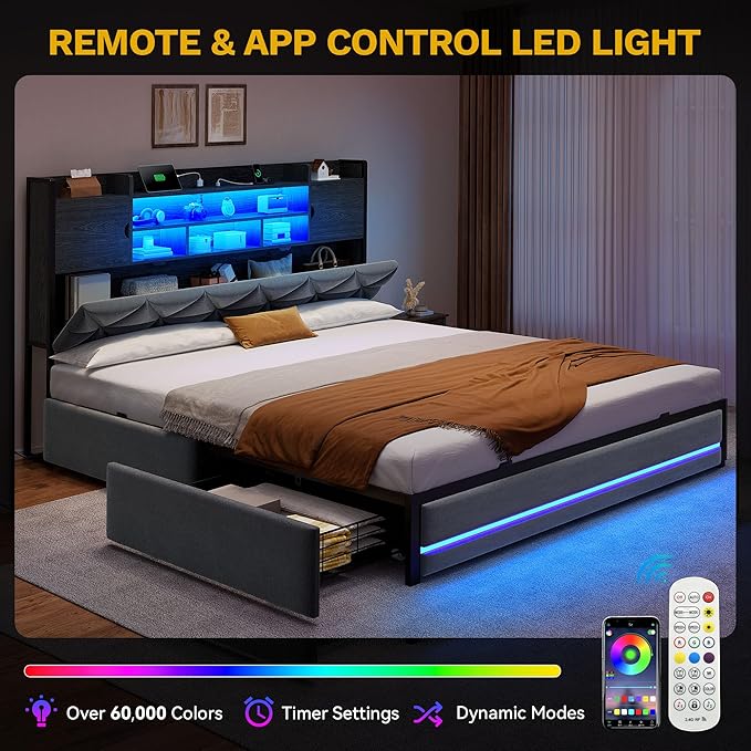 YITAHOME Queen Size Bed Frame with RGB LED Lights & Storage Bookcase Headboard, Upholstered Bed with Charging Station and 4 Drawers, No Box Spring Needed, Easy Assembly, Noise-Free, Velvet Grey