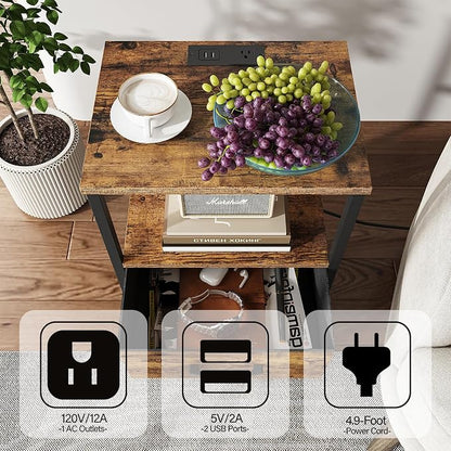 TUTOTAK End Table with Charging Station, Side Table with 2 USB Ports and Outlets, Nightstand with Cloth Drawer, Set of 2, Couch Table, Brown TB01BB052 | with Charging Station