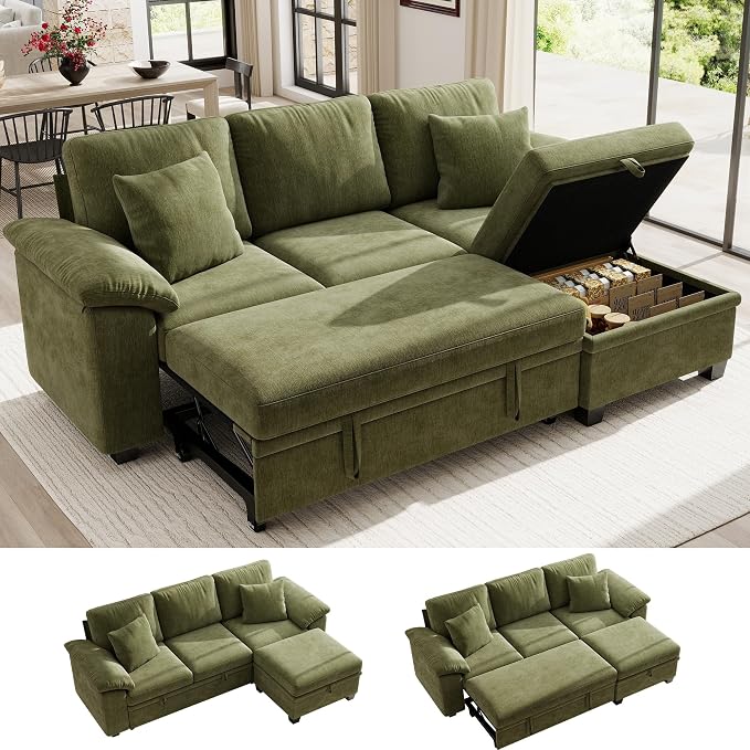 Ihanherry 86" Modular Sectional Sofa with Pull Out Bed, 4-Seater L Shaped Sectional Sleeper Couch with Storage Ottoman, Chenille Convertible Couches for Living Room, Apartment (Green)