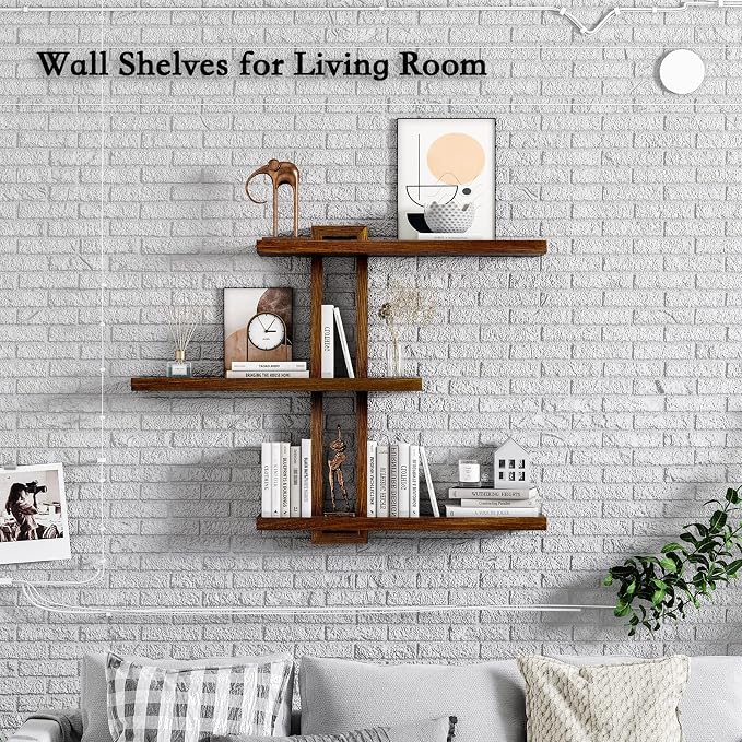 yaqew Variable Floating Shelves Wood Set of 3, Bathroom Shelves 28.35" Max, Rustic Wall Shelves for Living Room Bedroom Farmhouse - Dark Walnut Color - 28.35" x 23" x 4.3" Max