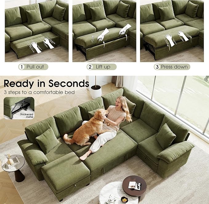 107.8" Modular Sectional Sleeper Sofa with Pull Out Bed, U Shaped 7 Seat Couch with 221L Storage, Convertible Cloud Couch Bed with Ottoman, Sectional Couches for Living Room, Apartment (Green)