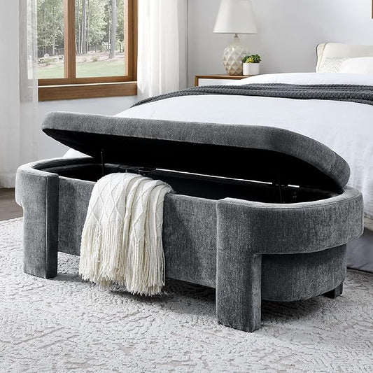51.5" Oval Storage Bench End of Bed Storage Benches Linen Fabric Upholstered Ottoman Bench with Large Storage Space for Living Room Entryway Bedroom Hallway (Dark Grey, 51.5 inch)