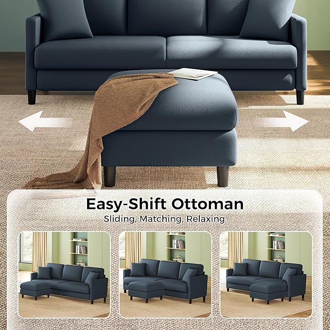 Welzona 83" Couches for Living Room, Teddy Sofa Couch with Storage Ottomans, U Shaped Couch with Movable Ottomans, Tool-Free Modular Sectional Sofa, All-Wood Sofas for Living Room 2 Pillows, Blue Grey