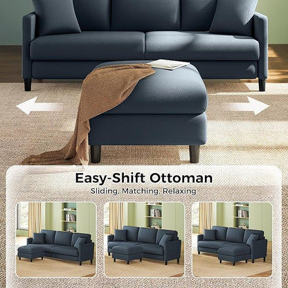 Welzona 83" Couches for Living Room, Teddy Sofa Couch with Storage Ottomans, U Shaped Couch with Movable Ottomans, Tool-Free Modular Sectional Sofa, All-Wood Sofas for Living Room 2 Pillows, Blue Grey