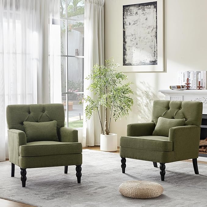 HUIMO Set of 2 Accent Chairs for Living Room, Tufted Upholstered Club Chairs with Lumbar Pillows, Vintage Reading Armchairs with Solid Wood Legs for Bedroom Apartment, Olive Green