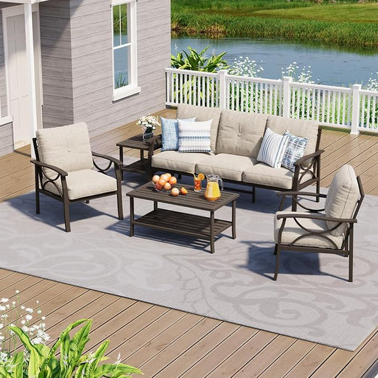 FansaFurn 5-Pieces Outdoor Patio Furniture Set, Outdoor Metal Sectional Furniture with Cushions, Outdoor Conversation Seating Set with Coffee Table for Garden, Balcony, Deck, Backyard, Khaki