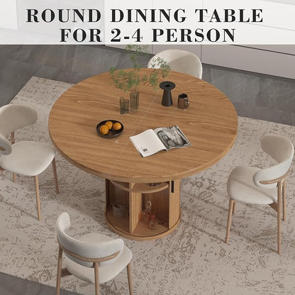 35.5'' Round Pedestal Dining Table, 2-4 Modern Fluted Dining Room Kitchen Table with Storage Shelf, Wood Base Dinner Tables for Kitchen, Breakfast Nook, Small Space, Living Room(Walnut)
