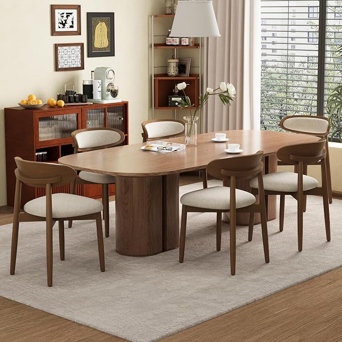 Wooden Dining Chairs Set of 6, Modern Fabric Upholstered Dining Room Chair, Kitchen Side Chairs, Farmhouse Dinner Chair with Curved Back for Kitchen, Beige