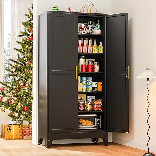 winiowa Tall Metal Kitchen Pantry Storage Cabinet with 2 Doors and 5 Adjustable Shelves - 75.2" Kitchen Cabinet with Gold Handles for Kitchen, Bathroom, Dining Room, Living Room - Black
