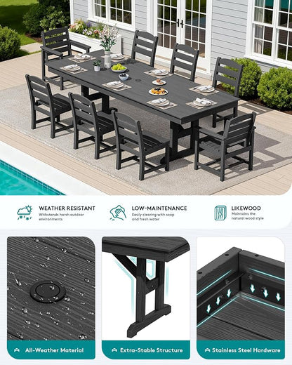 SERWALL 10 Piece 84" HDPE Outdoor Dining Set for 8 with 6 Armless Chair, 2 Armchairs and Umbrella, Black
