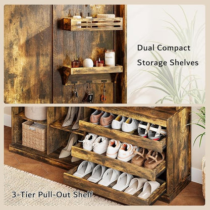 iPormis 70“ Large Hall Tree with Bench and Adjustable Storage Shelves, 6-in-1 Farmhouse Entryway Bench w/Coat Rack, Top Storage, Small Shelves for Entryway, Living Room, Led Lights, Rustic Brown