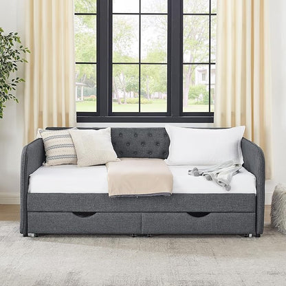 KEIKI Twin Size Upholstery Daybed with Trundle and 2 Drawers, Twin to King Design Mid-Century Style Extendable Sofa Bed, Easy Assembly, No Box Spring Required, for Living Room, Dark Grey