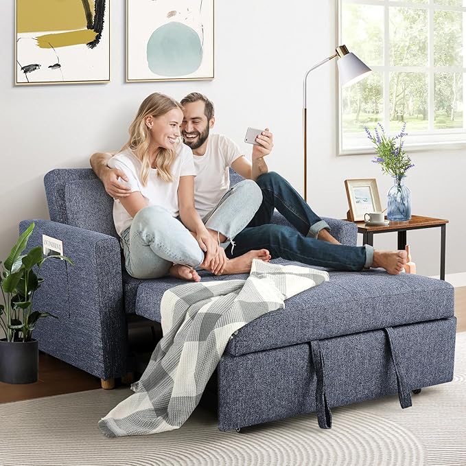 SEJOV Convertible Sofa Bed, 3-in-1 Sleeper Sofa Pull Out Couch Bed, 2-Seater Linen Fabric Loveseat Futon with Spring Support, Adjustable Backrest for Small Spaces, Living Room, Navy Blue