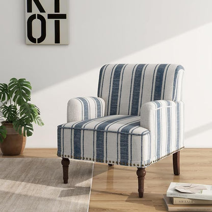 Accent Chair, Mid Century Modern Comfy Armchair for Living Room, Linen Fabric Single Sofa Lounge for Reading Bedroom Apartment Waiting Room with Wood Legs (Dark Blue Stripe, Set of 2)
