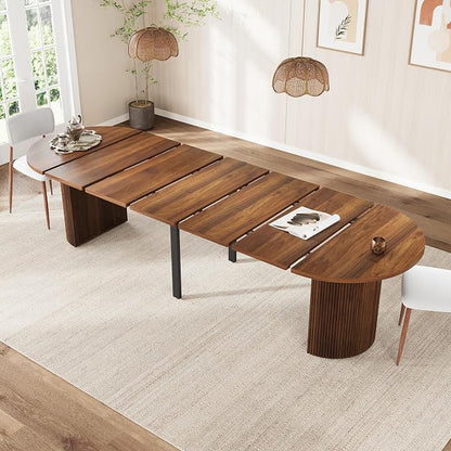 weselon 42"-120" Extendable Dining Table for 4-14, Expandable Oval Dining Room Table with Fluted Pedestal Base & Reinforced Metal Support Leg, Extra Large Modern Kitchen Table (Walnut)