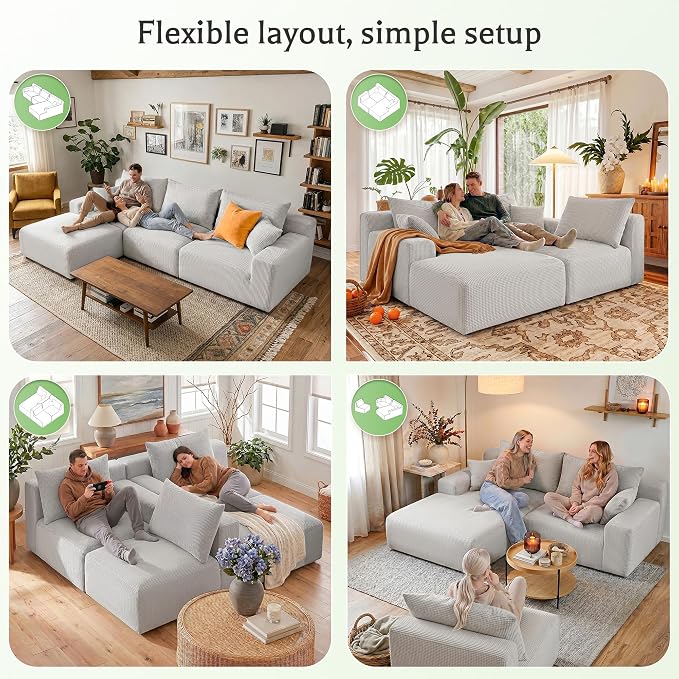 Homkdom 98" Boneless Modular Sectional Sofa, Cloud Couch with 27" Deep Seat & Oversized Chaise, L-Shaped High-Density Foam Sofa for Living Room, No Assembly Required (Grey-Check, Left Facing)