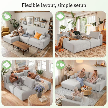 Homkdom 98" Boneless Modular Sectional Sofa, Cloud Couch with 27" Deep Seat & Oversized Chaise, L-Shaped High-Density Foam Sofa for Living Room, No Assembly Required (Grey-Check, Left Facing)