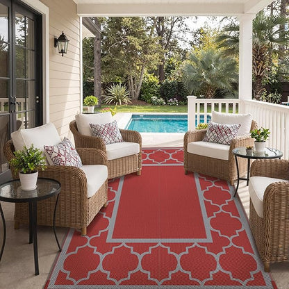 GENIMO 6' x 9' Outdoor Rug Waterproof for Patio Decor, Foldable Reversible Plastic Straw Area Rugs Mat for Camper, Outside Carpet for Rv, Deck, Porch, Picnic, Beach, Balcony, Red & Grey