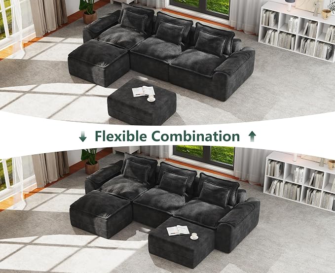 Hobestluk 120" Cloud Modular Sectional Couch 3-Seater Sofa with Ottomans U Shaped Couches Deep Seat Boneless Sofa Large Sofa for Living Room (Dark Grey, 3-Seater Sofa with Two Ottomans)