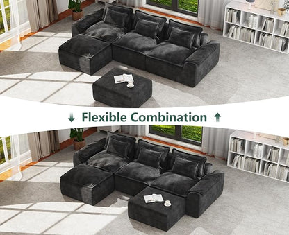 Hobestluk 120" Cloud Modular Sectional Couch 3-Seater Sofa with Ottomans U Shaped Couches Deep Seat Boneless Sofa Large Sofa for Living Room (Dark Grey, 3-Seater Sofa with Two Ottomans)