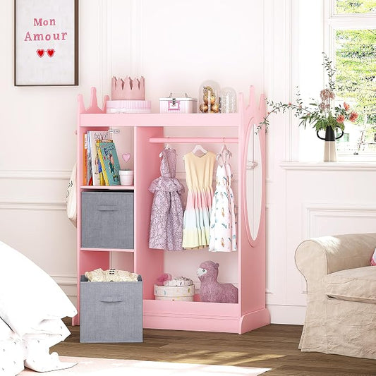 UTEX Kids Armoire Wardrobe Closet with Mirror and Storage Bin, Pink, 33.4 in W x 15.75 in D x 44.5 in H | See and Store Kids Wardrobe, Toddler Dress Up Rack, Open Hanging Armoire Closet, Water-based Paint, Princess Style