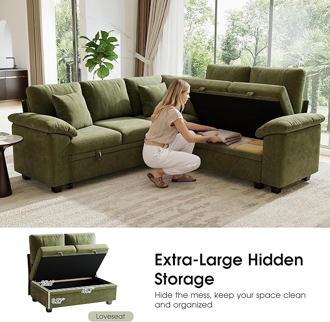 Sectional Sleeper Sofa with Pull Out Bed, 86" L Shaped 5 Seat Couch with 151L Storage, Convertible Cloud Couch Bed, Modular Sectional Couches for Living Room, Apartment (Green)