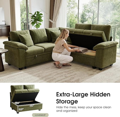 Sectional Sleeper Sofa with Pull Out Bed, 86" L Shaped 5 Seat Couch with 151L Storage, Convertible Cloud Couch Bed, Modular Sectional Couches for Living Room, Apartment (Green)