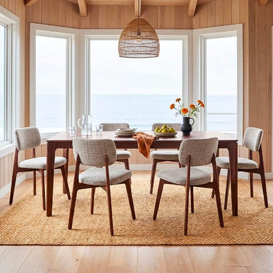 COLAMY Dining Chairs Set of 6, Modern Upholstered Kitchen Room Chairs with Solid Red Oak Wood Legs, 5-Min Easy Assembly Anti-Wobble, High-Weight Fabric Farmhouse Side Chair,300LBS,Walnut,Oatmeal