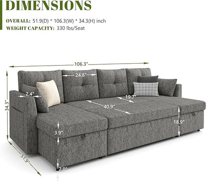 Huatean Home Oversized Sleeper Couch Sofa, 110 inch 2 in 1 Pull Out Couch with Double Storage Chaise, Sectional Sleeper Sofa Bed with Side Pocket for Living Room, Dark Grey