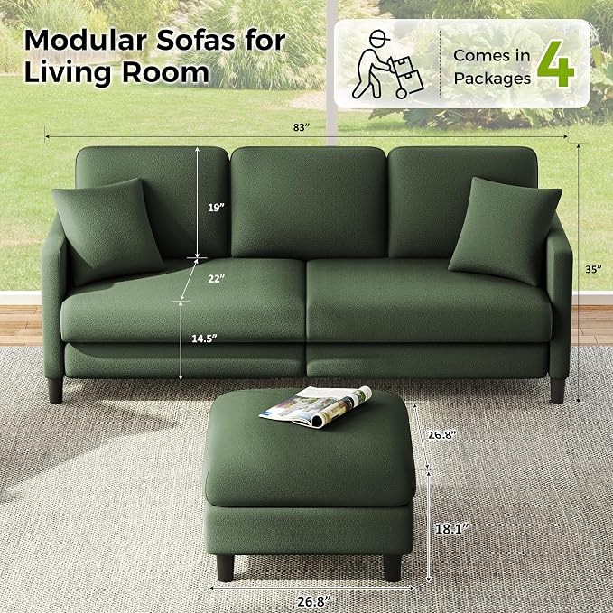 Welzona 83" Couches for Living Room, Teddy Sofa Couch with Storage Ottomans, U Shaped Couch with Movable Ottomans, Tool-Free Modular Sectional Sofa, All-Wood Sofas for Living Room 2 Pillows, Green