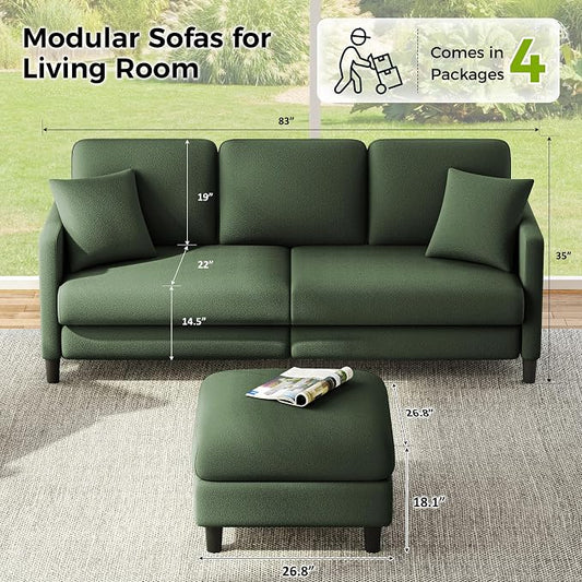 Welzona 83" Couches for Living Room, Teddy Sofa Couch with Storage Ottomans, U Shaped Couch with Movable Ottomans, Tool-Free Modular Sectional Sofa, All-Wood Sofas for Living Room 2 Pillows, Green