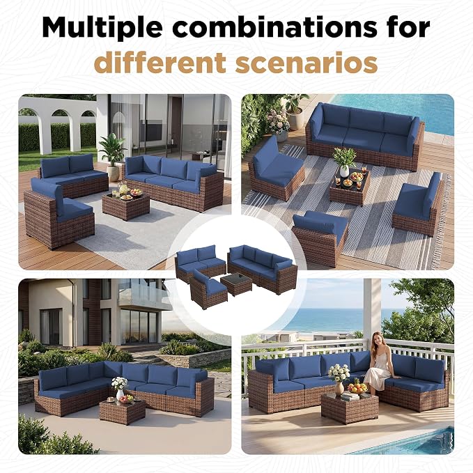 LHBcraft 7 Pieces Outdoor Wicker Rattan Patio Furniture, Wicker Rattan Outdoor Sectional Sofa Set with Coffee Table & Blue Cushions for Garden, Poolside