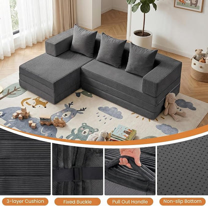 Boneless Couch Small,Convertible Sleeper Sofa Bed, Modular Sectional Sofa, Modern Tri-Folding Cloud Couch with L-Shape Chaise, Corduroy Futon Couches for Small Spaces Apartment,No Assembly