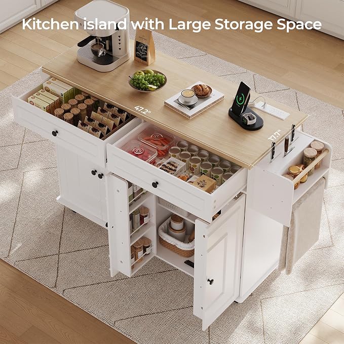 58 Inch Kitchen Island with Storage Cabinet, Island Table for Kitchen, Rolling Islands Cart with Power Outlet, Adjustable Shelves, Drawers, Spice and Towel & Knife Racks, White