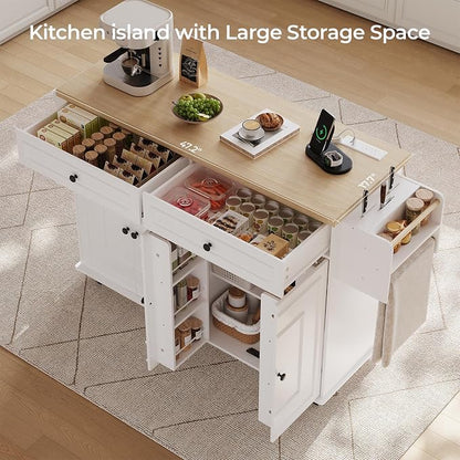 58 Inch Kitchen Island with Storage Cabinet, Island Table for Kitchen, Rolling Islands Cart with Power Outlet, Adjustable Shelves, Drawers, Spice and Towel & Knife Racks, White