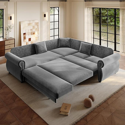 88.2" Sectional Sleeper Sofa with Pull Out Bed - Oversize L-Shaped Convertible Sleeper Couch Bed, Button Tufted Chesterfield Sofa, Chenille Vintage Couches for Living Room(4-Seater, Light Grey)