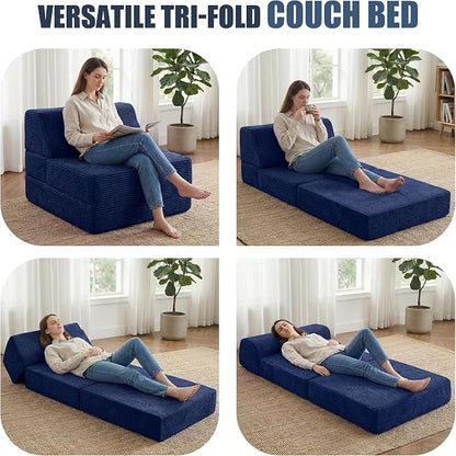 Kasunpul Folding Sofa Bed with Pillow, Memory Foam Fold Out Chair Bed, Convertible Sleeper Chair with Washable Cover, Futon Floor Couch for Living Room/Dorm/Guest Use/Home Office/Apartment, Navy Blue