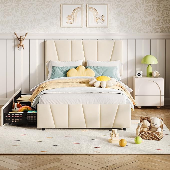 Twin Size Bed Frame with Upholstered Headboard & 2 Storage Drawers with Wheels, Platform Bed Frame with Wooden Slat Support, Adjustable Headboard, No Box Spring Needed, Noise-Free, for Bedroom